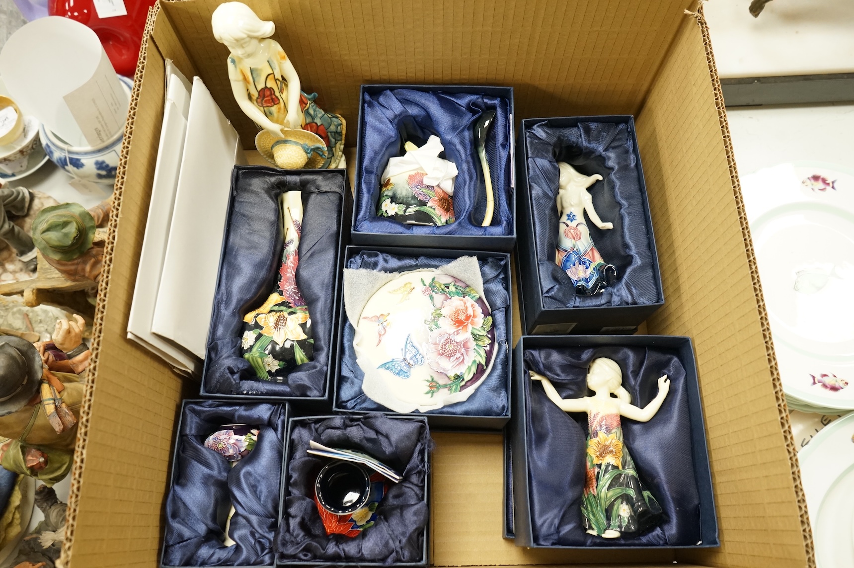 A collection of mostly boxed tube line, ‘Old Tupton’ Ware, vases, boxes, figurines and jugs etc, tallest item 21cm high
